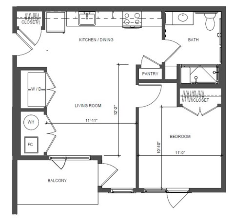 Floor plan for 1 bed, 1 bath, 604 sqft